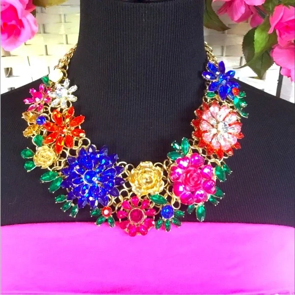 💖See New Listing💖 Rhinestone Floral Blue Pink Red Chunky Bib Statement Necklac - Picture 3 of 8